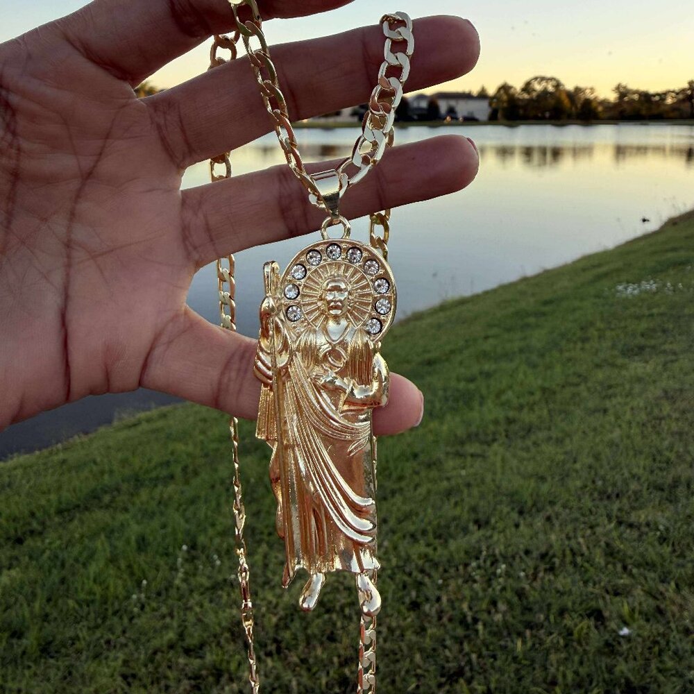 San Judas Tadeo 3" Big Pendant Necklace 14K GP Religious CZ Miami Cuban Chain